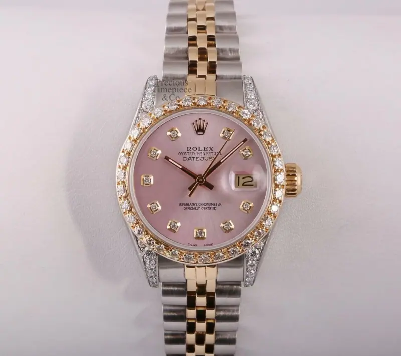 Two-tone Rolex Datejust with pink diamond dial and diamond bezel