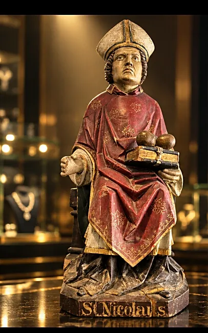 Carved and painted wooden statue of St. Nicholas in the Triple Diamond showroom